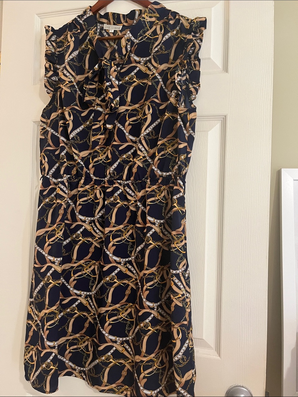 Jasmine Navy Dress with Gold Chain Print, great lightweight dress perfect for tr